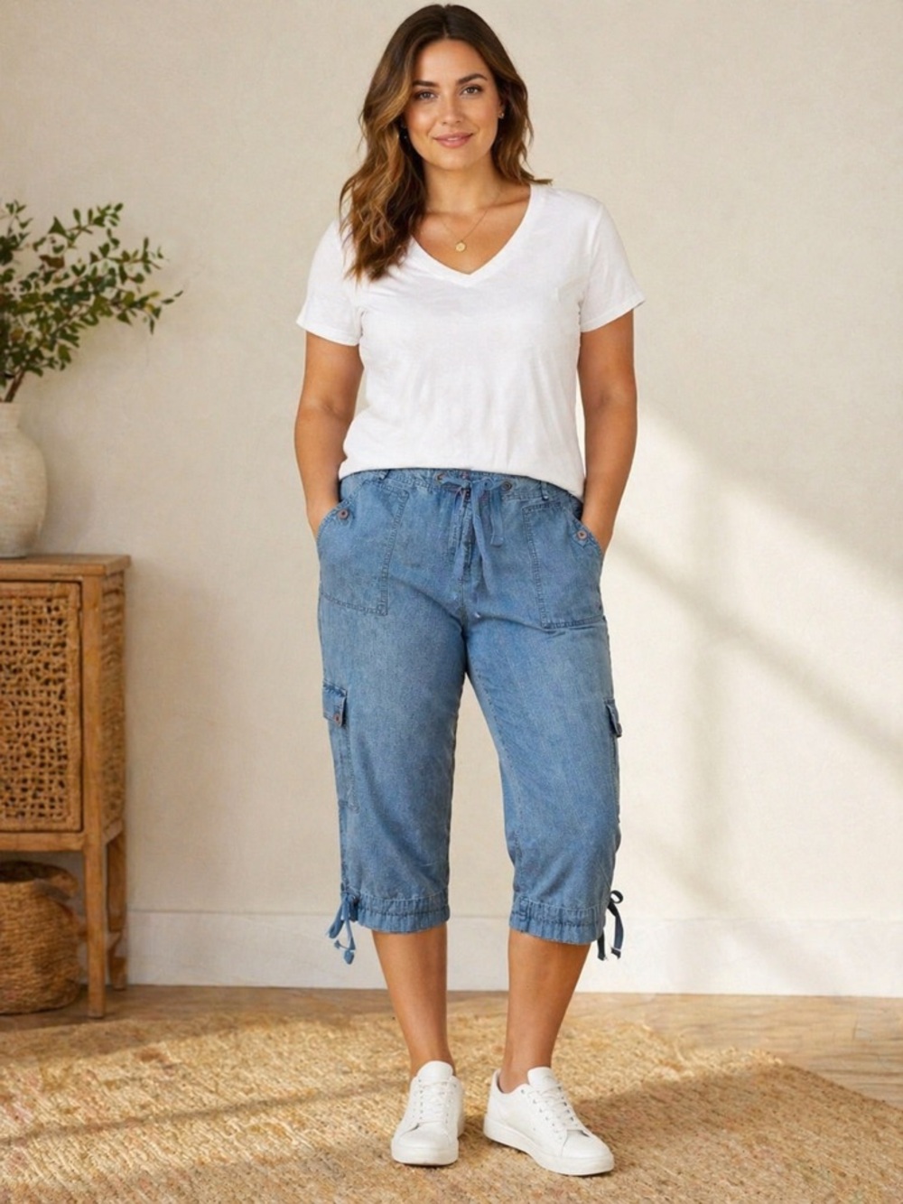 Westbound Size 14 Chambray Cargo Capris | Drawstring Waist | Coastal Casual